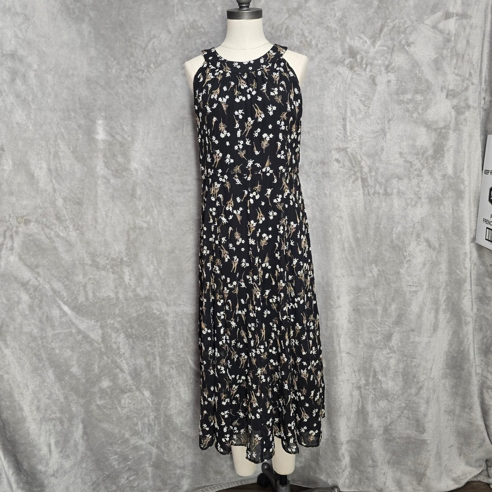 Tommy Hilfiger Embroidered Midi Dress‎ Sleeveless Black White Flower No Size Tag